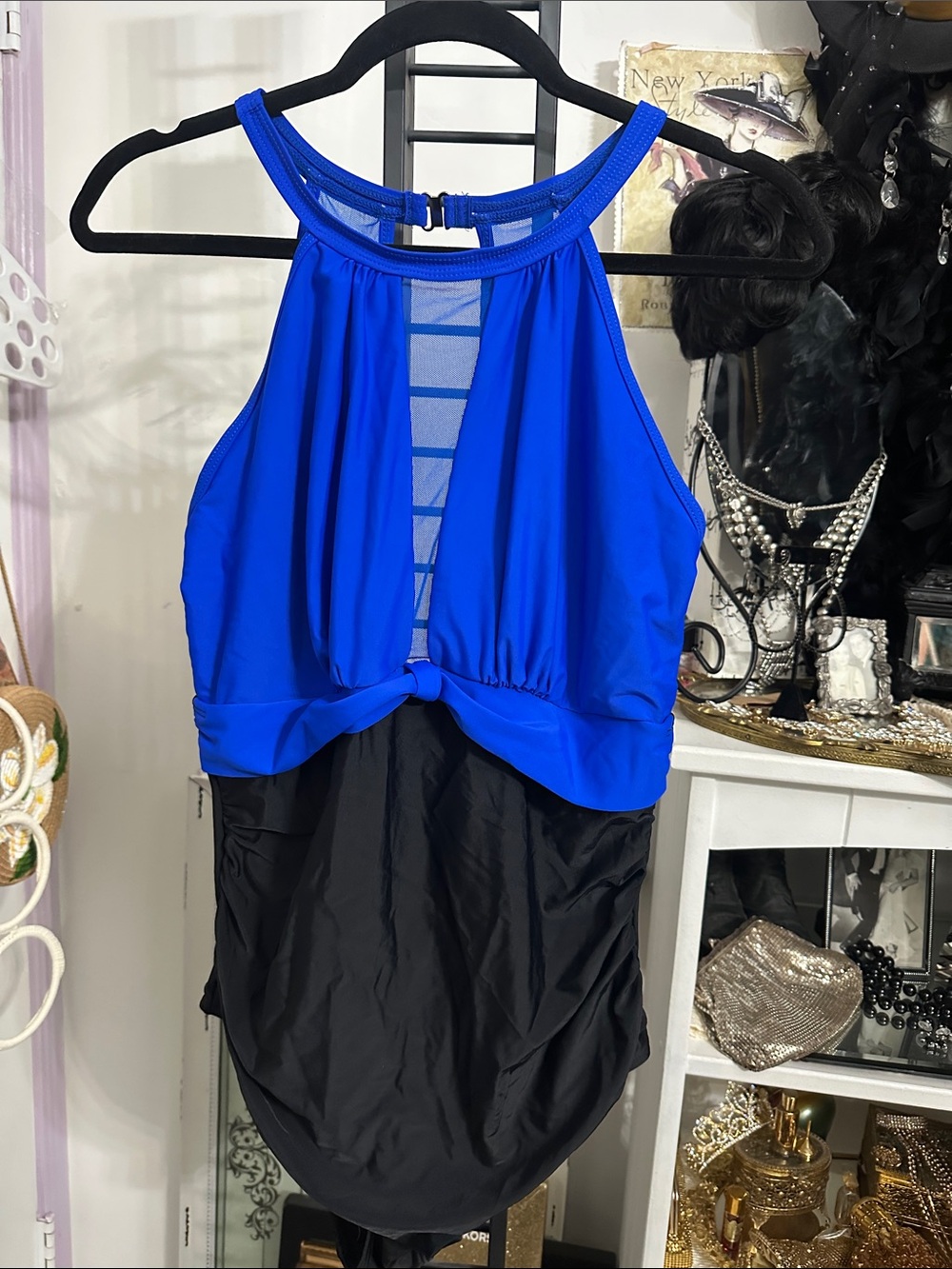 Blue and Black High-Neck One-Piece Swimsuit